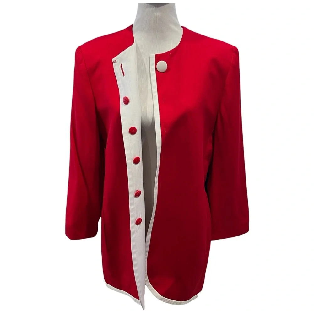 Vintage Christian Dior 70s Red White Trim Silk Blazer Jacket Skirt Suit Set 12